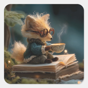 Whimsicaler Fuchs liest Buch und trinkt Tee Quadratischer Aufkleber
