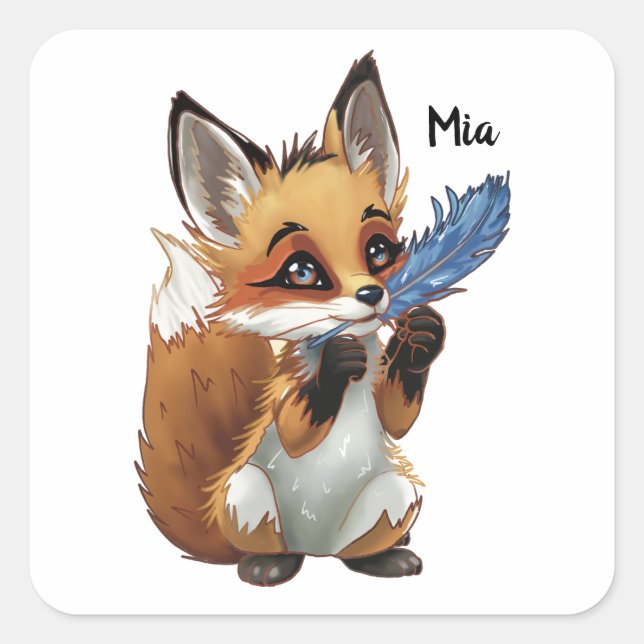 Whimsicaler Fuchs mit einer Feder Quadratischer Aufkleber (Vorderseite)