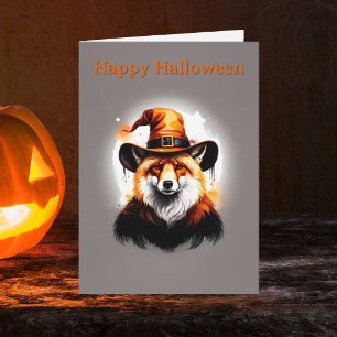 Whimsicaler Fuchs Orange Hexenhut Halloween Karte