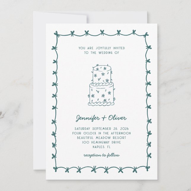 Whimsicaler handgezeichneter Hochzeitstorte Teal Einladung (Vorderseite)