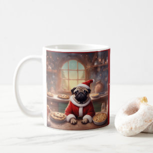 Whimsicaler Mops in einem Santa-Anzug backt Kekse Kaffeetasse