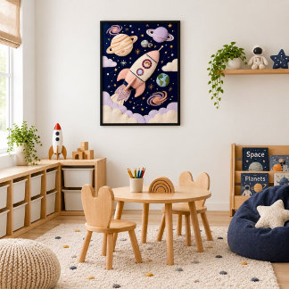 Whimsicaler Pastell-Kinder-Weltraum-Abenteuer-Mädc Poster