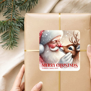 Whimsicaler personalisierter Weihnachtsmann und Ru Quadratischer Aufkleber