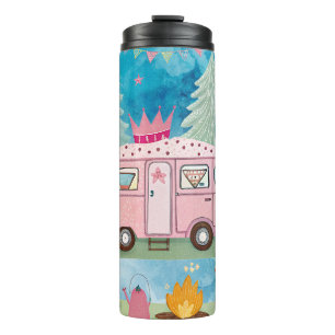 Whimsicaler rosa Camper Van Camping Szene Thermosbecher