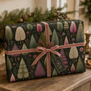 Whimsicaler rosa Weihnachtsbaum und Blumenmuster Geschenkpapier