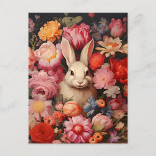 Whimsicaler Vintage-Hase Frühlingsblüten Ankündigungspostkarte