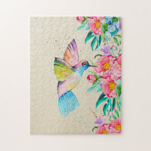 Whimsicaler Wasserfarb-Kolibri und Blumen
