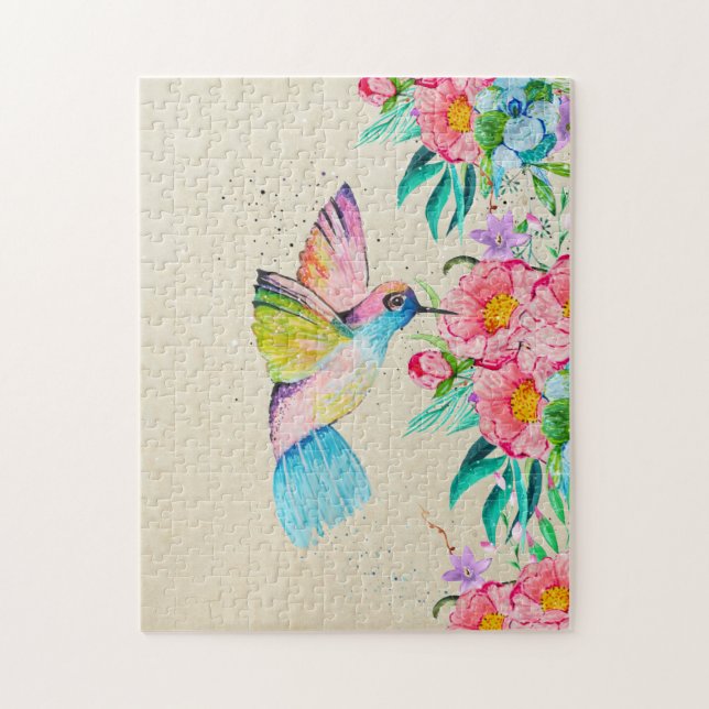 Whimsicaler Wasserfarb-Kolibri und Blumen (Vertikal)