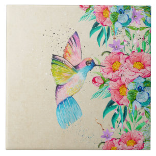 Whimsicaler Wasserfarb-Kolibri und Blumen Fliese