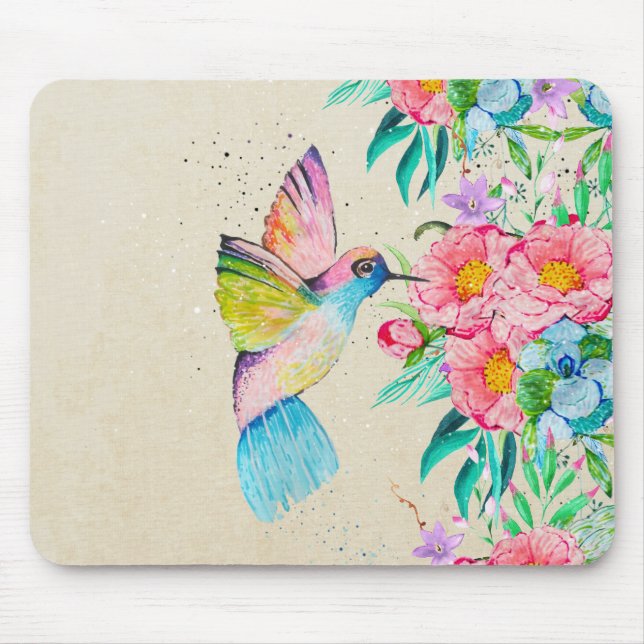 Whimsicaler Wasserfarben-Kolibri und Blumen Mousepad (Vorne)