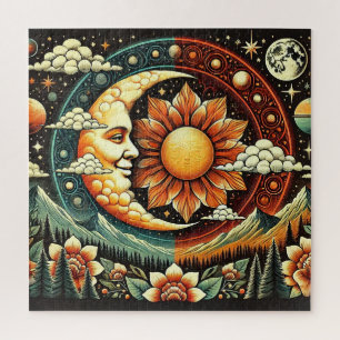Whimsicalische Sonne und Mond in einem surrealen K