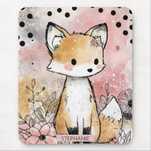 Whimsige Fuchs-Wasserfarben-Kunst mit Blumen Mousepad