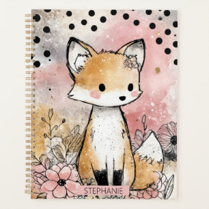 Whimsige Fuchs-Wasserfarben-Kunst mit Blumen Planer