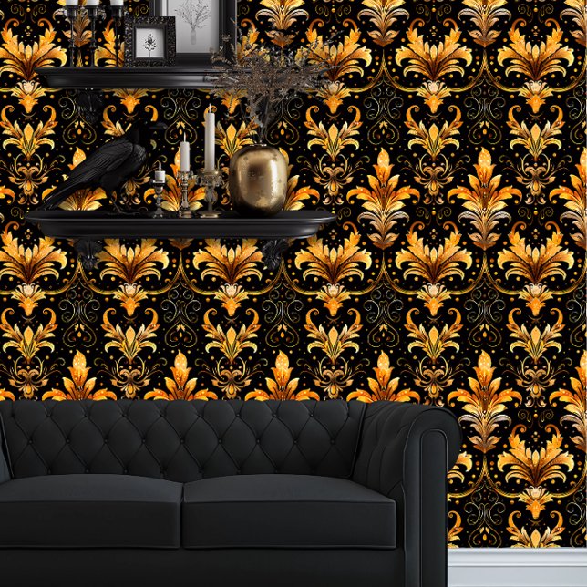 Whimsigoth Black and Gold Fauna Tapete (Whimsigoth Yellow Damask on Black wallpaper behind a black couch.)