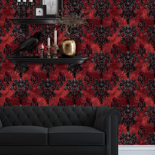 Whimsigoth Black auf Red Fleur Tapete (Whimsigoth Dark Red & Black Wallpaper behind a black couch and floating goth shelves.)