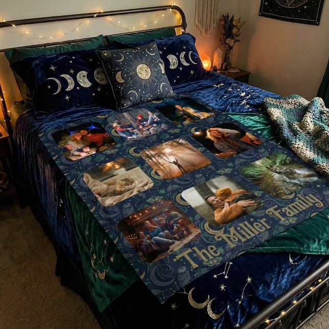 Whimsigoth Celestial | 9 Photo Family Collage Fleecedecke (Whimsigoth family photo collage. Dark cottagecore celestial moon & owl Moth Woodland keepsake gift)