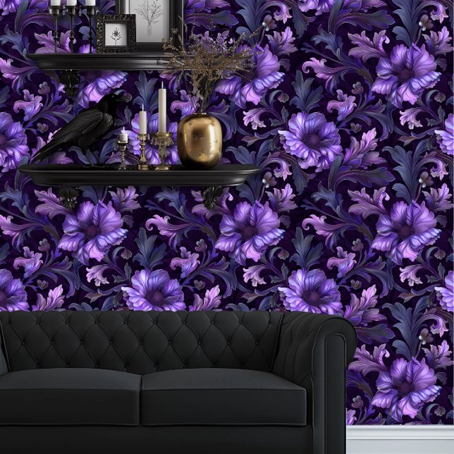 Whimsigoth Large Purple Blumen Tapete (Whimsigoth Dark Purple and Black floral wallpaper behind a black couch and goth floating shelves)