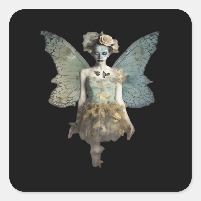 Whimsigoth Zombie Fairy Old Time Gothic Moody Art Quadratischer Aufkleber (Vorderseite)