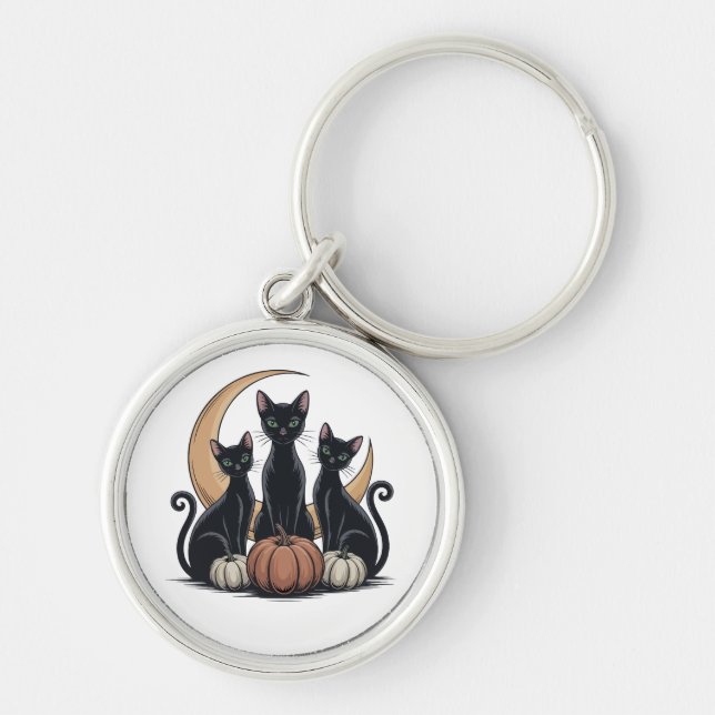 Whimsigothic Black Cats Pumpkin Moon Halloween Schlüsselanhänger (Vorne)