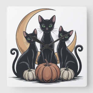 Whimsigothic Black Cats Pumpkin Moon Halloween Wal Quadratische Wanduhr