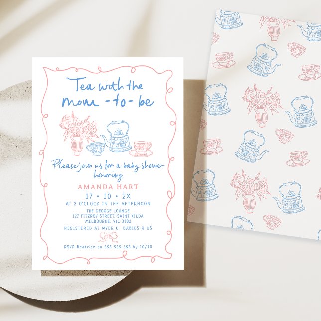 Whimsikal Gezeichnet Tee mit Mama als Babydusche Einladung (Whimsical Hand Drawn Illustration Baby Shower Invitation, Baby Pink Blue Tea Baby Shower Invitation)