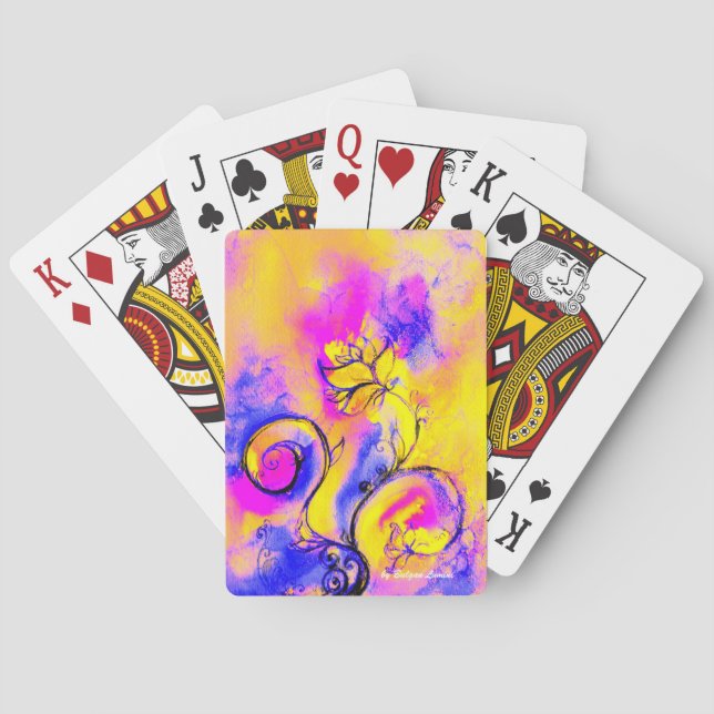 WHIMSIKALE BLUME, FLORALLE WIRBEL Rosa Gelb Blau Spielkarten (Rückseite)