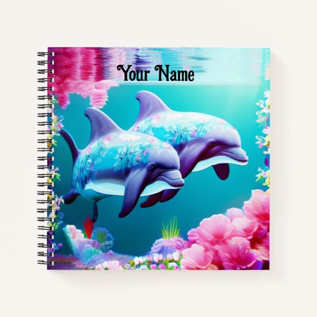 Whimsikale Delphine und Blumenwasser Notizbuch (Vorderseite)