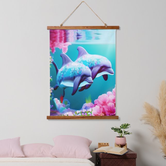 Whimsikale Delphine und Blumenwasser Wandteppich Mit Holzrahmen (Schlafzimmer)