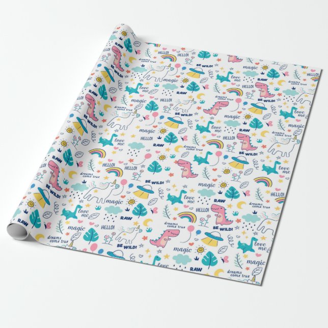 Whimsikale Dinosaurier und Einhörner für Kinder Geschenkpapier (Ungerollt)