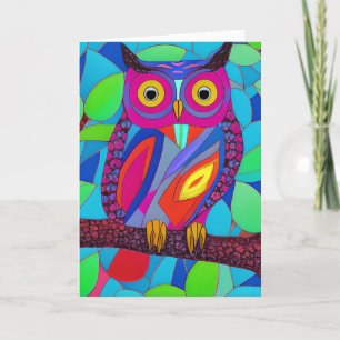 Whimsikale Eule mit bunten Federn Karte