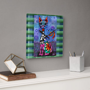 Whimsikale großäugige funky abstrakte Katzenkatze Quadratische Wanduhr