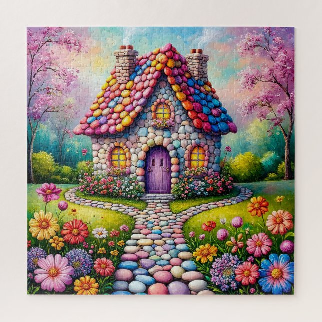 Whimsikale Hütte mit einem blühenden Blumengarten (Vertikal)