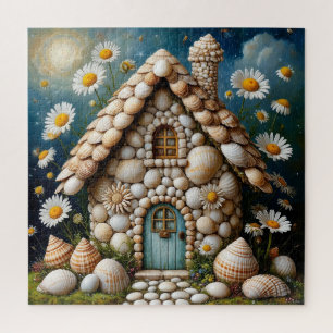 Whimsikale Hütte mit einem blühenden Blumengarten