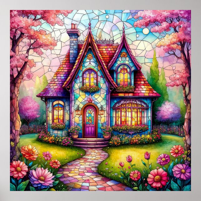 Whimsikale Hütte mit einem blühenden Blumengarten Poster (Vorne)
