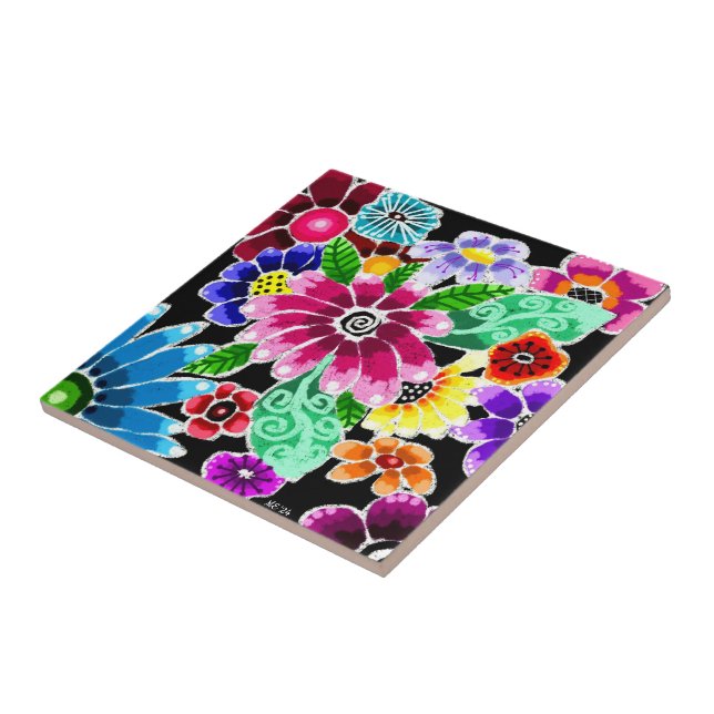 Whimsikale mehrfarbige Folk-Art-Blume florenrosa Fliese (Seite)