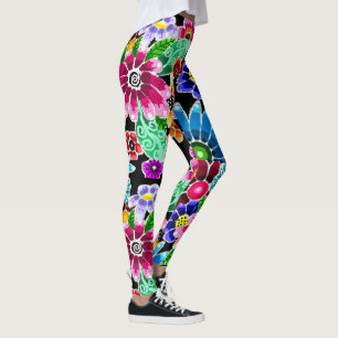Whimsikale mehrfarbige Folk-Art-Blume florenrosa Leggings
