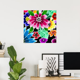 Whimsikale mehrfarbige Folk-Art-Blume florenrosa Poster