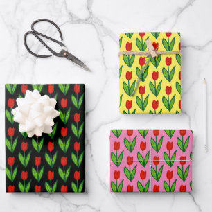 Whimsikale Tulpenblume Blume zeichnend gemustert Geschenkpapier Set