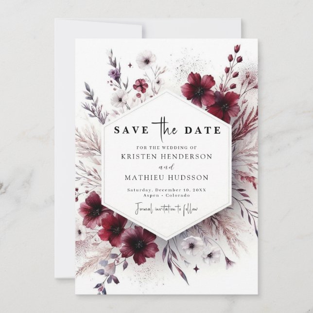 Whimsikale Typografie Burgundy Wedding Save The Date (Vorderseite)