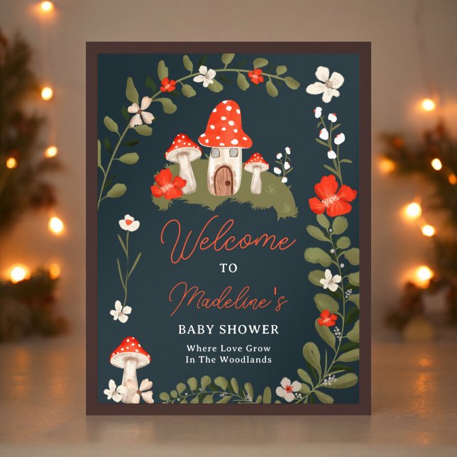 Whimsikale Waldpilze Blütendusche Poster (Whimsical woodland mushrooms floral baby shower poster)