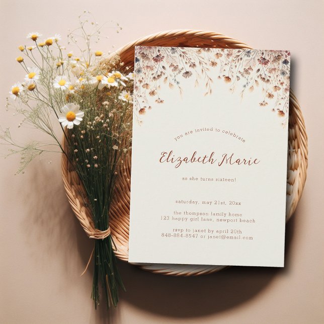 Whimsikale Wildblumen Vintag Terracotta Süß 16 Einladung (sweet 16 birthday party invitation wild flowers vintage terracotta pretty floral watercolor pattern)