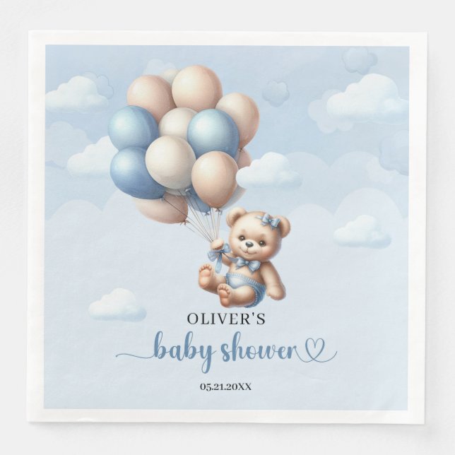 Whimsikaler Bär mit blauen und Elfenbeinballons Serviette (Vorderseite)