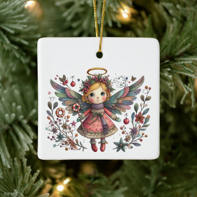 Whimsikaler Weihnachtsgel mit mehrfarbigen Flügeln Keramikornament (Baum)