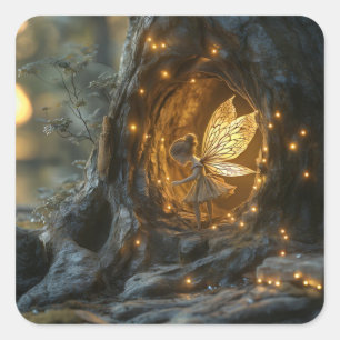 Whimsikales Bild einer Fee im Höhlen eines Baumes Quadratischer Aufkleber