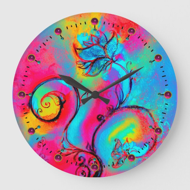 WHIMSIKALISCHE BLUME rosa, aquamarines Blau Große Wanduhr (Vorderseite)