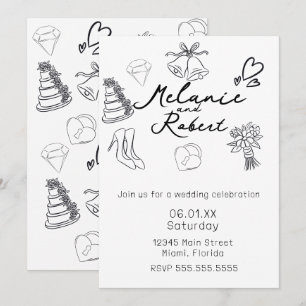 Whimsikalische süße Doodles Schwarz-Weiß-Hochzeit Save The Date