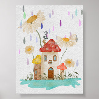 Whimsikalisches Pilzhaus in floraler Regen-Wasserf Poster