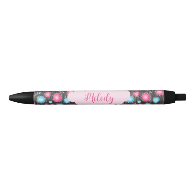 Whimsikalrosa blaue Herzen und Blume Blumenname Kugelschreiber (Vorderseite)