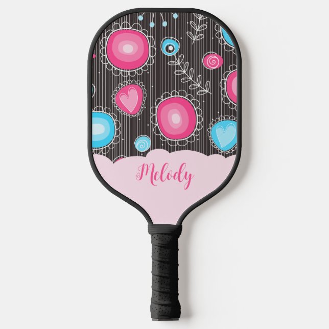 Whimsikalrosa blaue Herzen und Blume Blumenname Pickleball Schläger (Vorderseite)