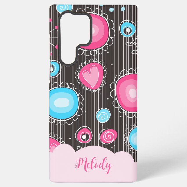 Whimsikalrosa blaue Herzen und Blume Blumenname Samsung Galaxy Hülle (Rückseite)